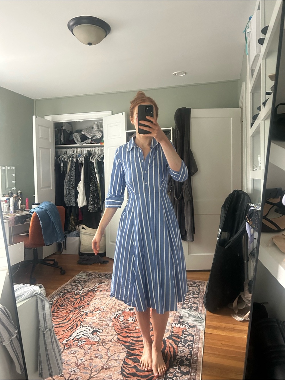Lands end 100% cotton: Blue & White Striped Midi Shirt Dress - Tailored Fit